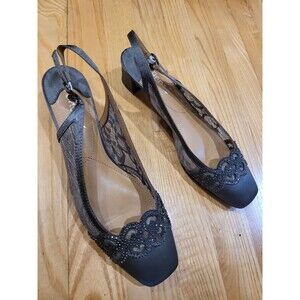 J. Renee Women's Faleece Lace/Satin Pump Sandal Dark Grey Taupe 8.5 M Block Heel
